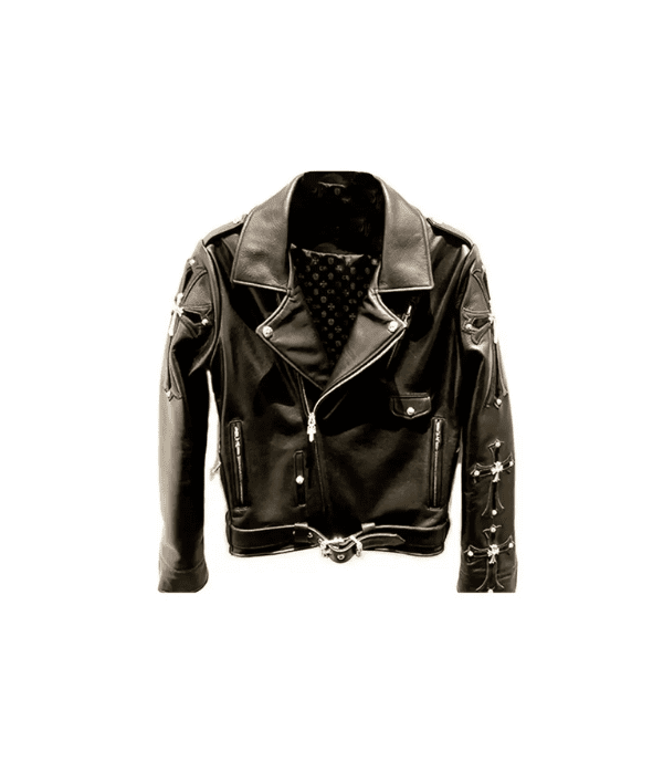 “Chrome Hearts leather jacket with signature cross detailing and premium handcrafted design”